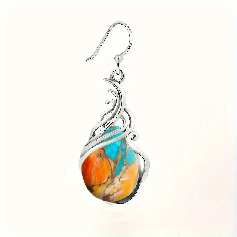 Retro Bohemian Faux Turquoise Pendant Earrings, Boho Scroll Turquoise Earrings
