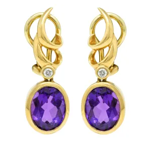 Retro Diamond Amethyst 14 Karat Gold Drop Earrings