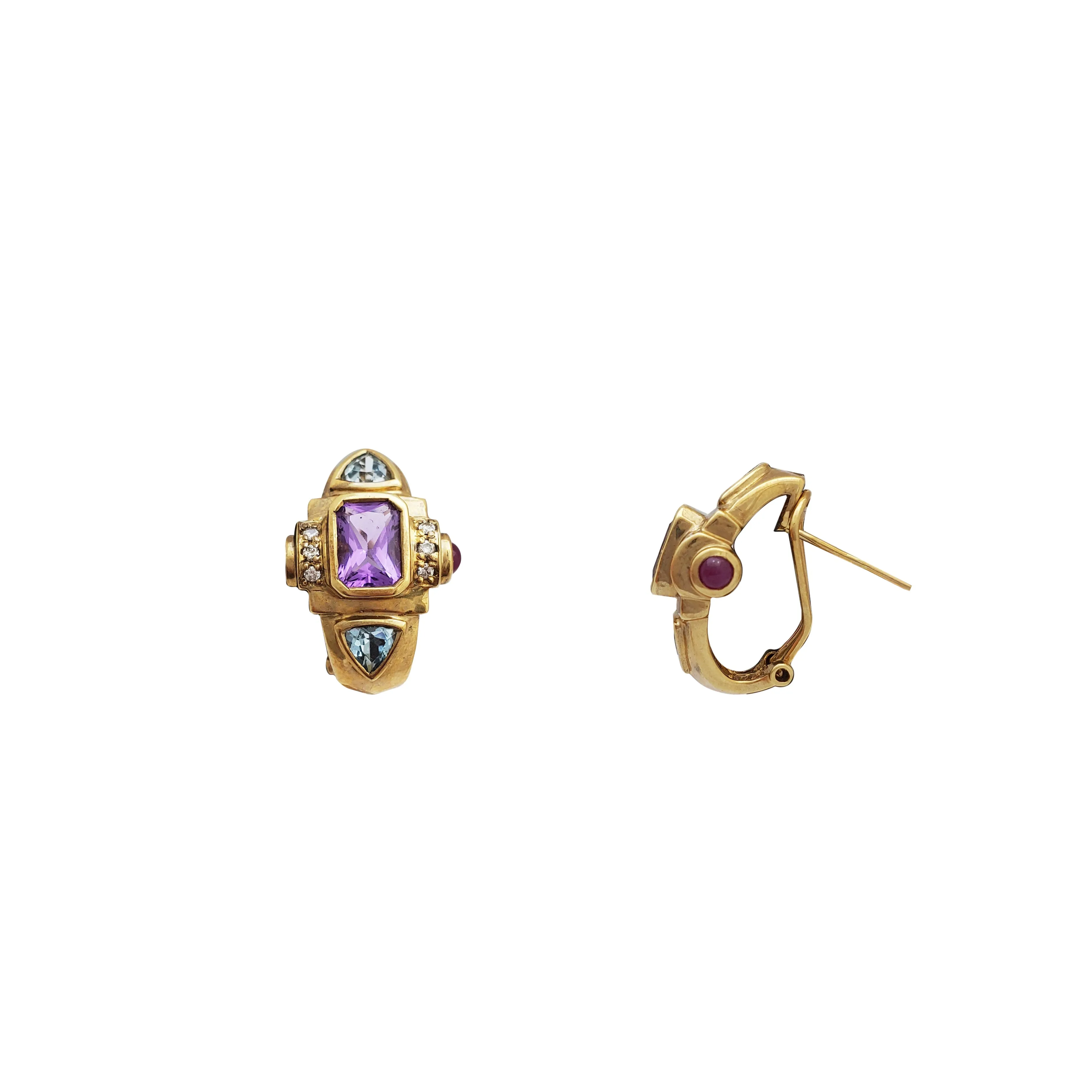 Retro-Futuristic Amethyst & Aquamarine Bezeled Earrings (14K)