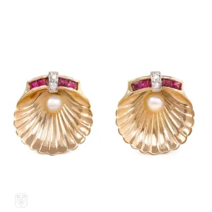 Retro gold and gemset shell form earrings