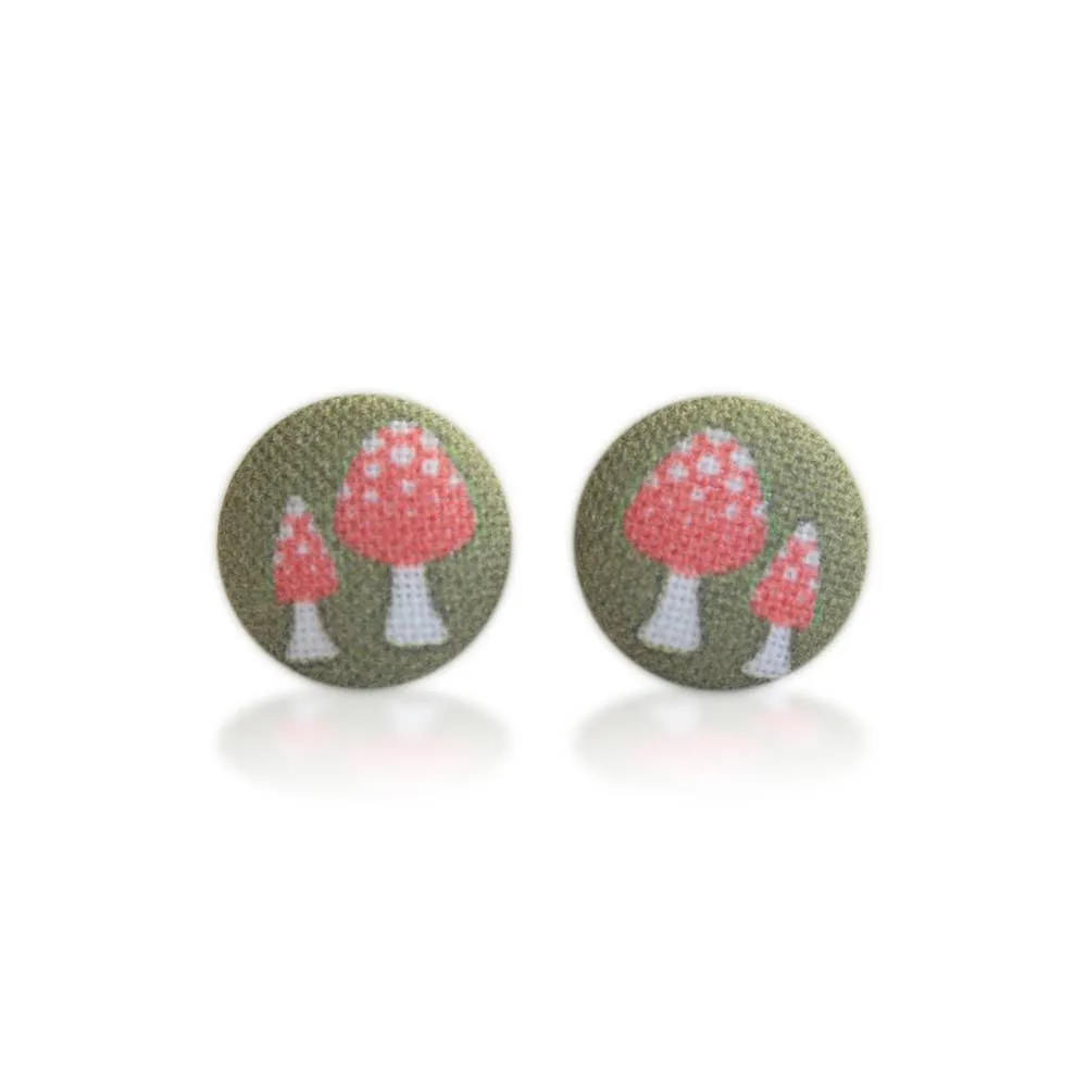 Retro Mushrooms Fabric Button Earrings