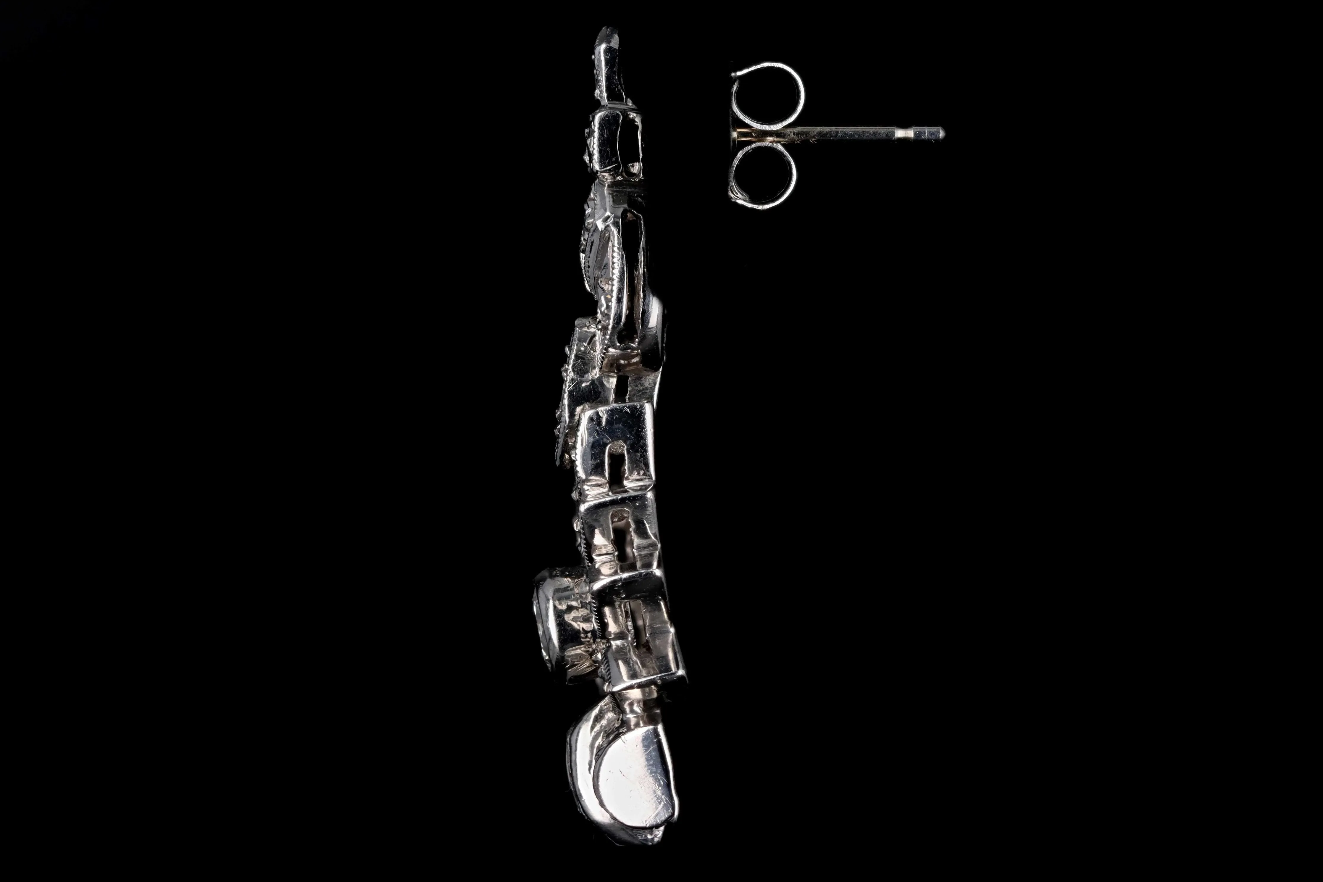 Retro Platinum 1 CTW Round Brilliant, Single Cut, and Baguette Cut Diamond Watch Conversion Dangle Earrings