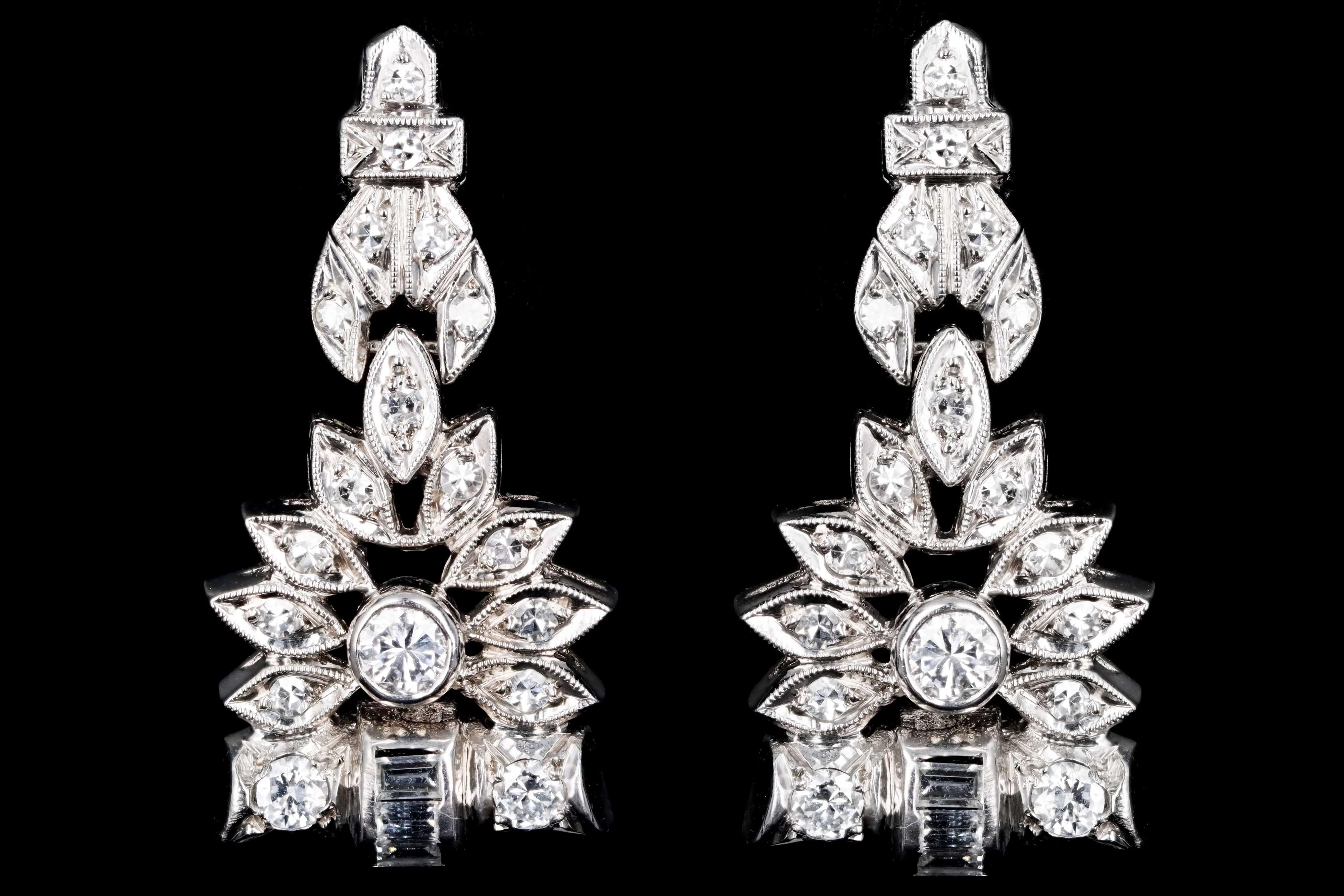 Retro Platinum 1 CTW Round Brilliant, Single Cut, and Baguette Cut Diamond Watch Conversion Dangle Earrings