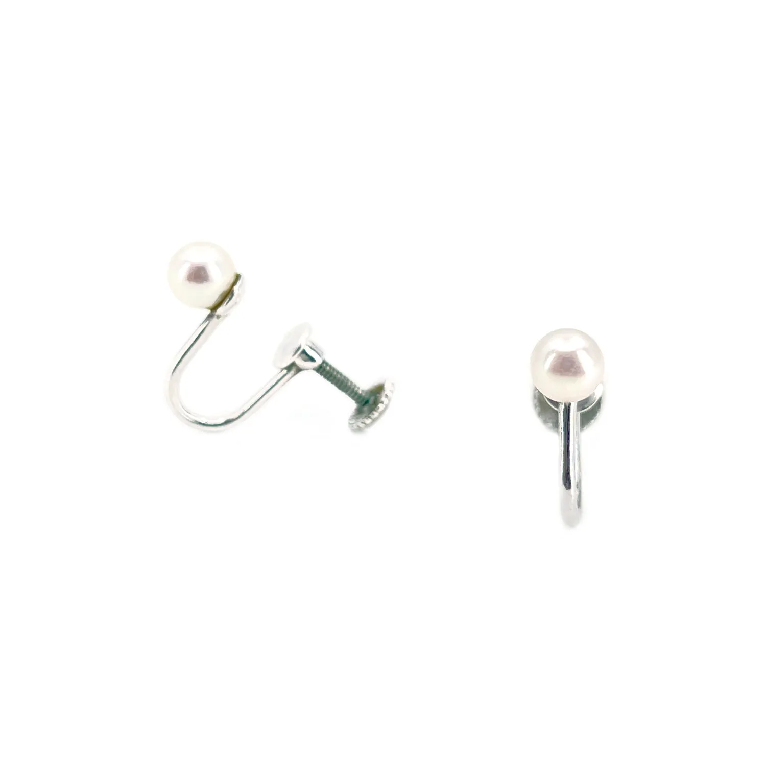 Retro Solitaire Japanese Akoya Saltwater Cultured Pearl Vintage Screwback Earrings- Sterling Silver