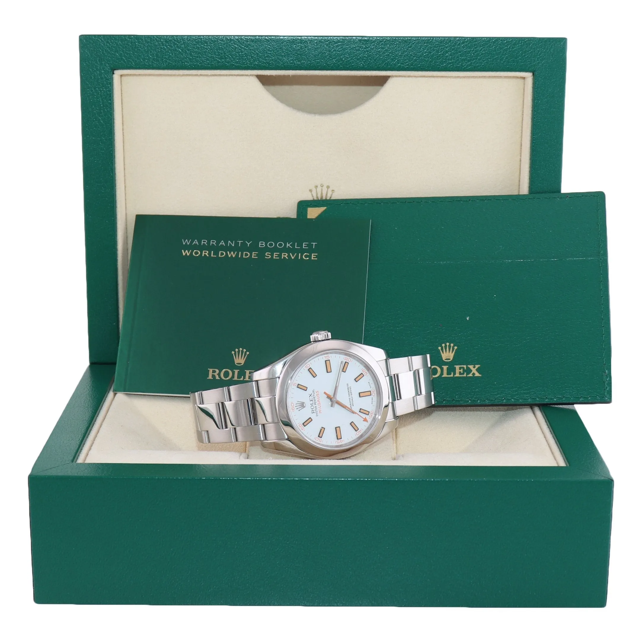 Rolex Milgauss 116400 White Orange 40mm Steel Anti-Magnetic Watch Box