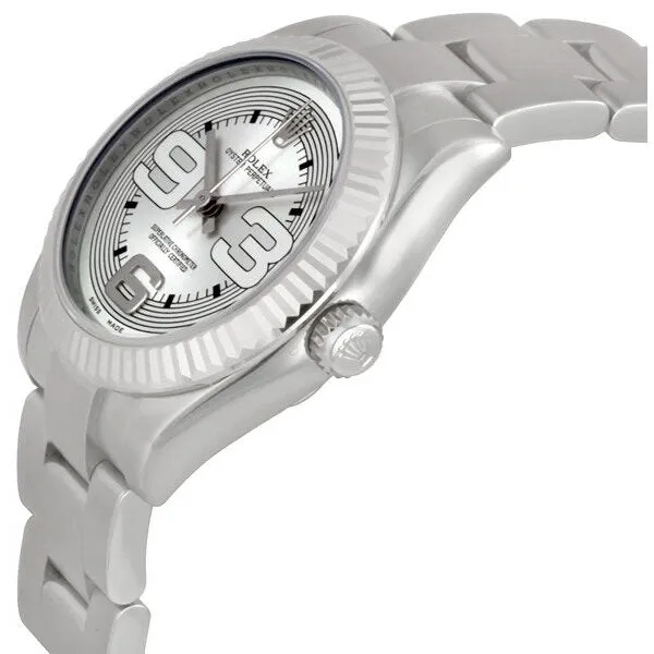 Rolex No Date Silver Dial Oversized Arabic Markers 18k White Gold Fluted Bezel Unisex Watch 177234SMAXI