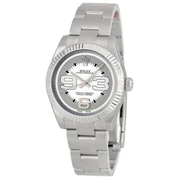 Rolex No Date Silver Dial Oversized Arabic Markers 18k White Gold Fluted Bezel Unisex Watch 177234SMAXI