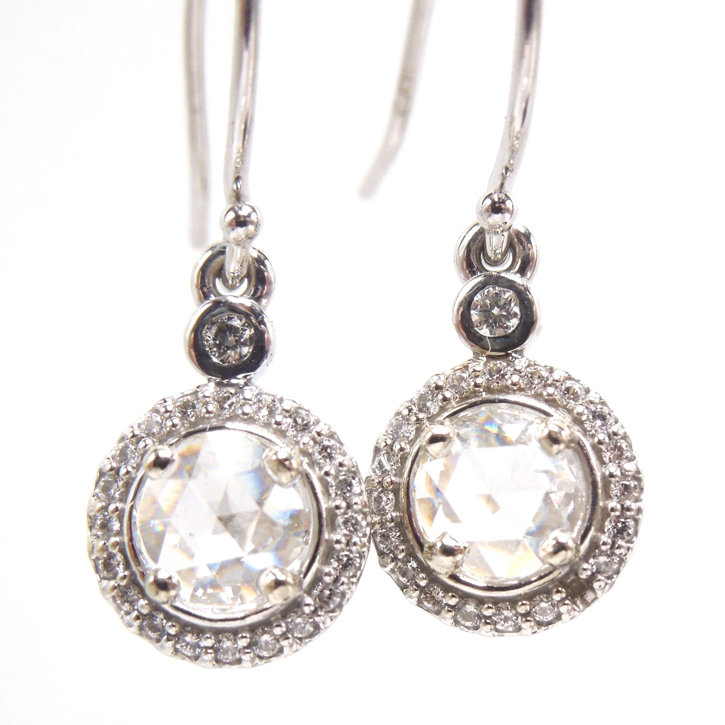 Rose Cut Diamonds and Diamond Halo Drop Earrings in 14K White Gold
