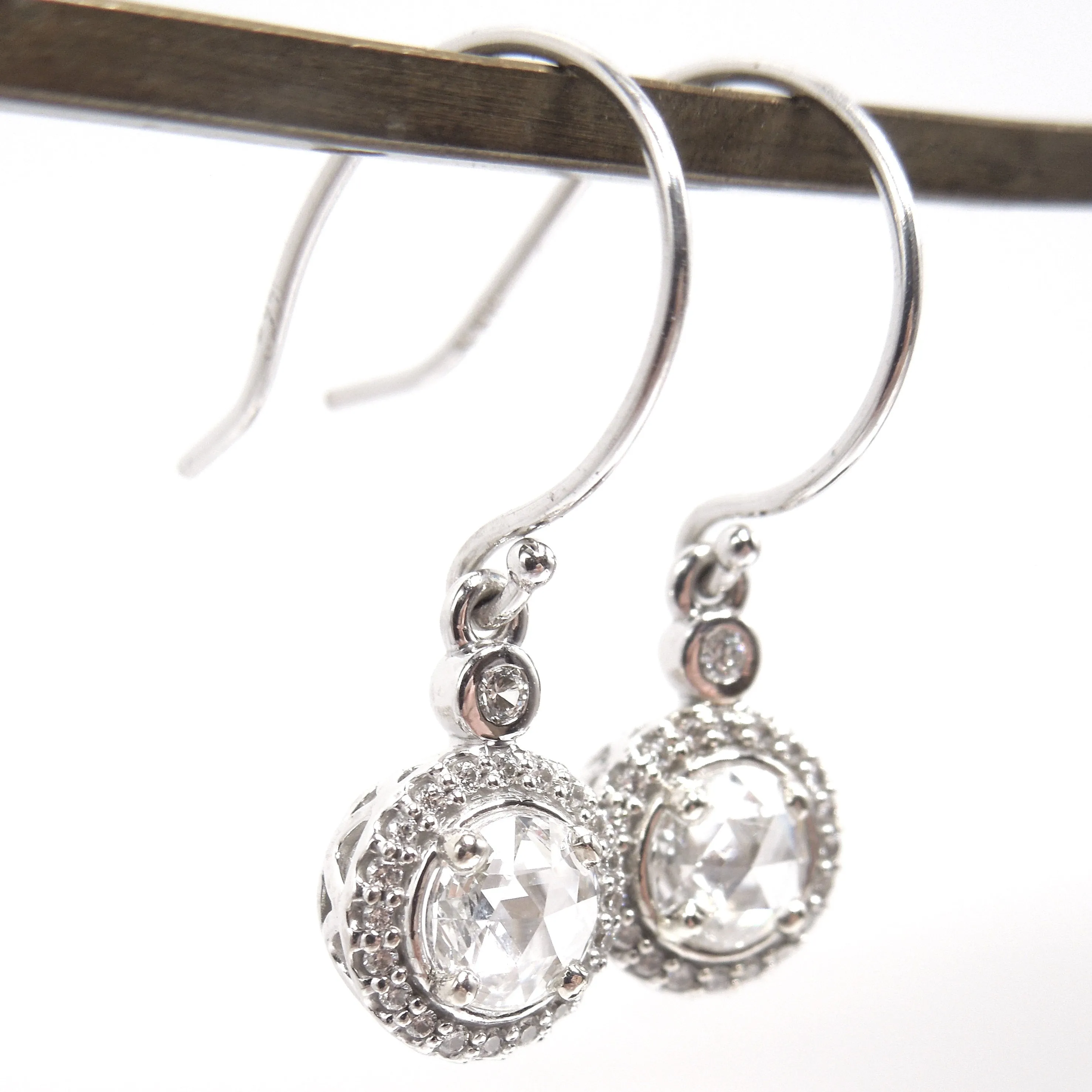 Rose Cut Diamonds and Diamond Halo Drop Earrings in 14K White Gold