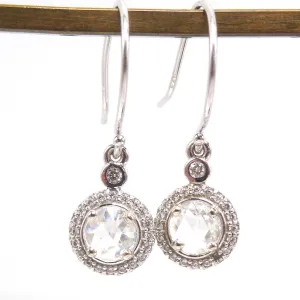 Rose Cut Diamonds and Diamond Halo Drop Earrings in 14K White Gold