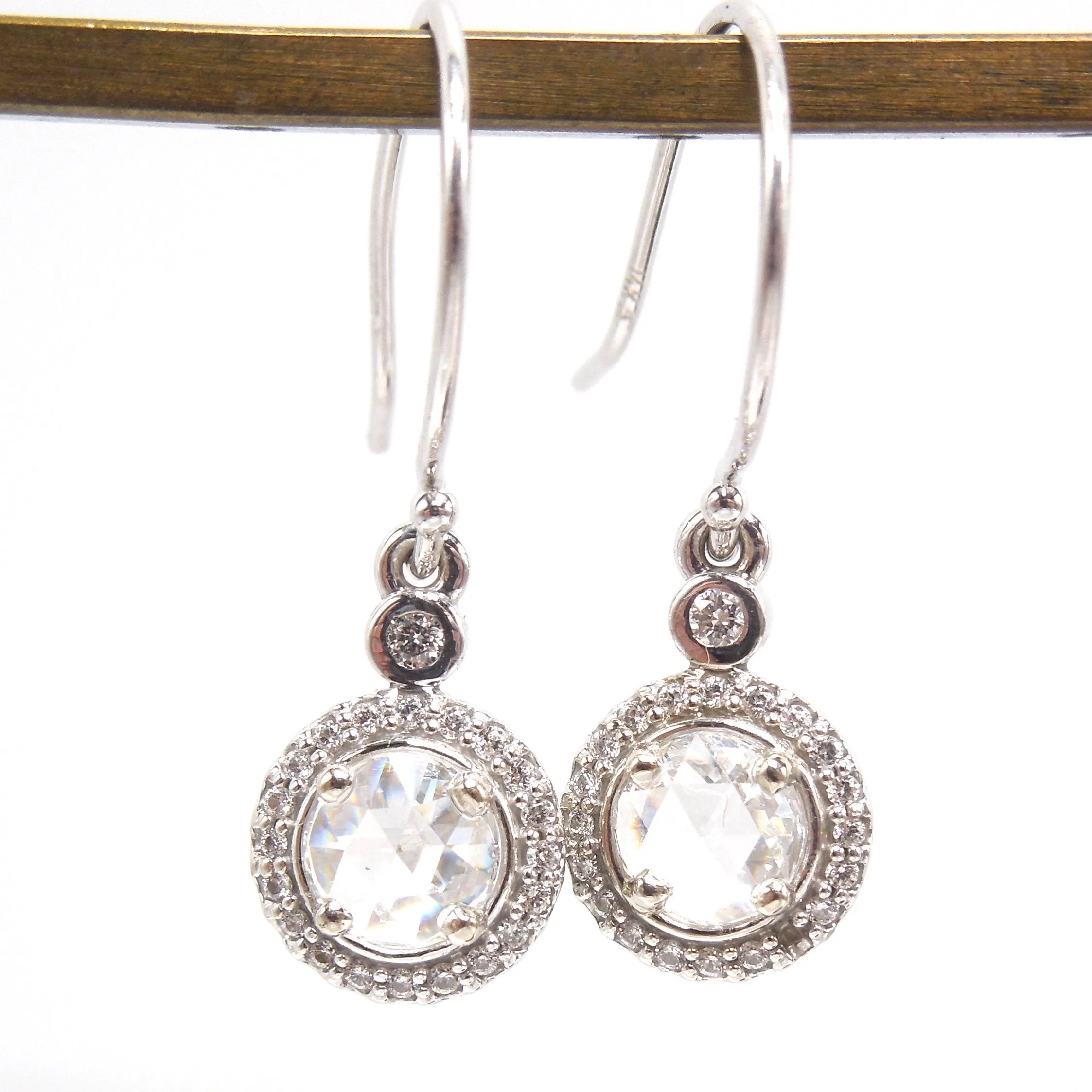 Rose Cut Diamonds and Diamond Halo Drop Earrings in 14K White Gold