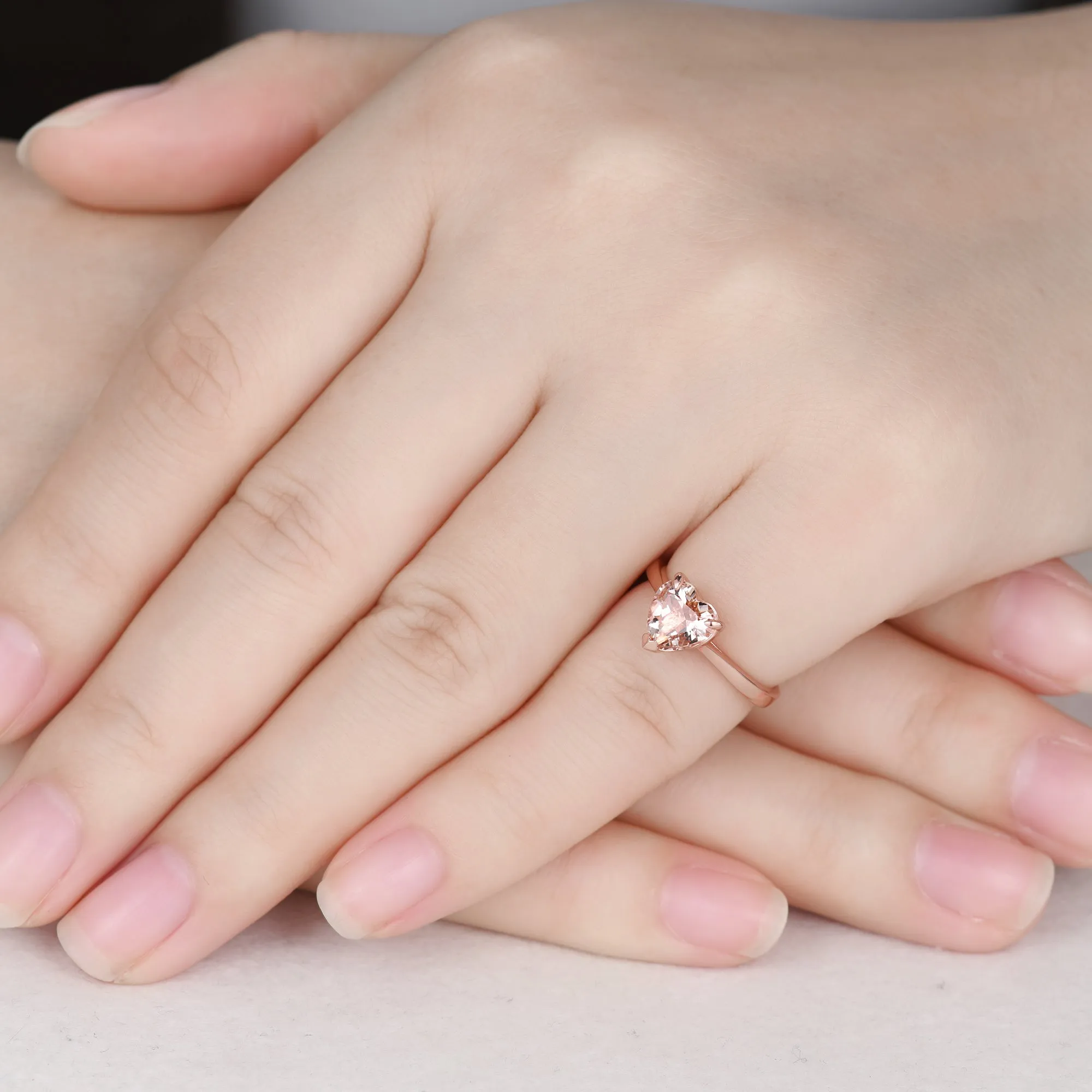 Rose Gold 1 carat Heart Shaped Natural Morganite Solitaire Engagement Ring Plain Gold Band