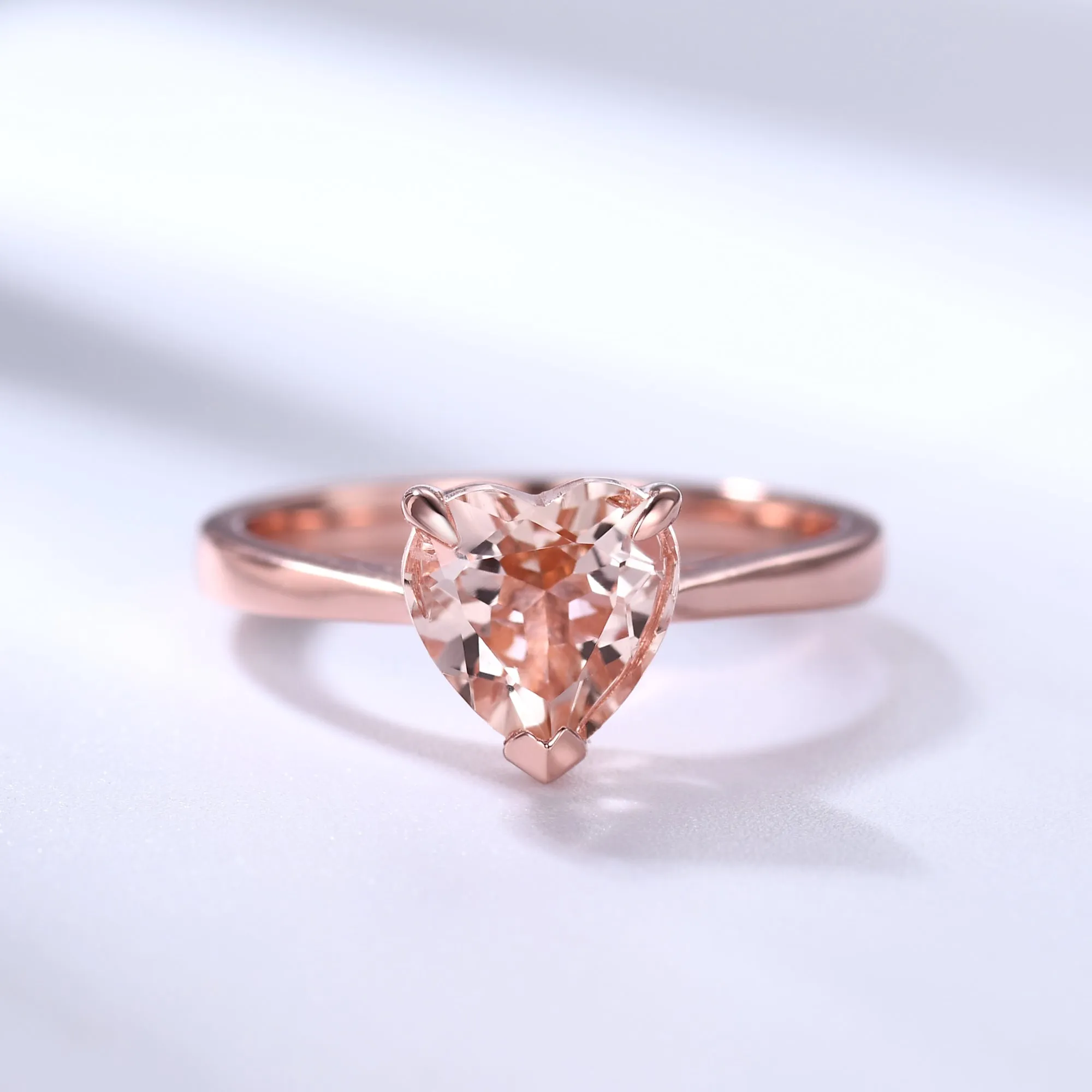 Rose Gold 1 carat Heart Shaped Natural Morganite Solitaire Engagement Ring Plain Gold Band