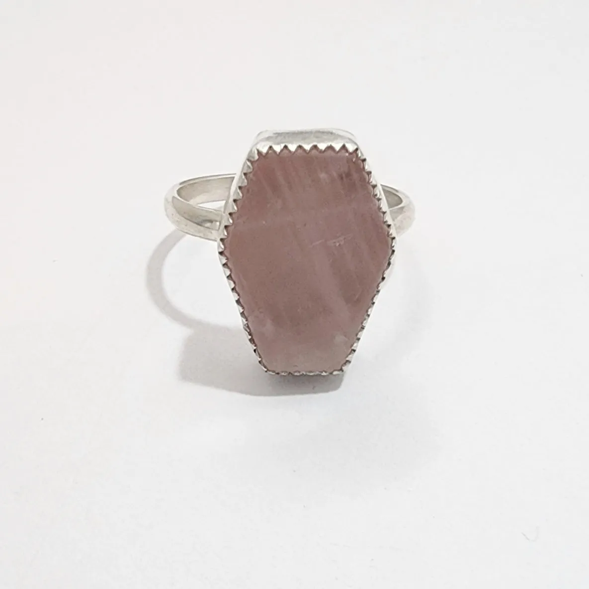 Rose Quartz Gemstone Coffin Ring in Sterling Silver