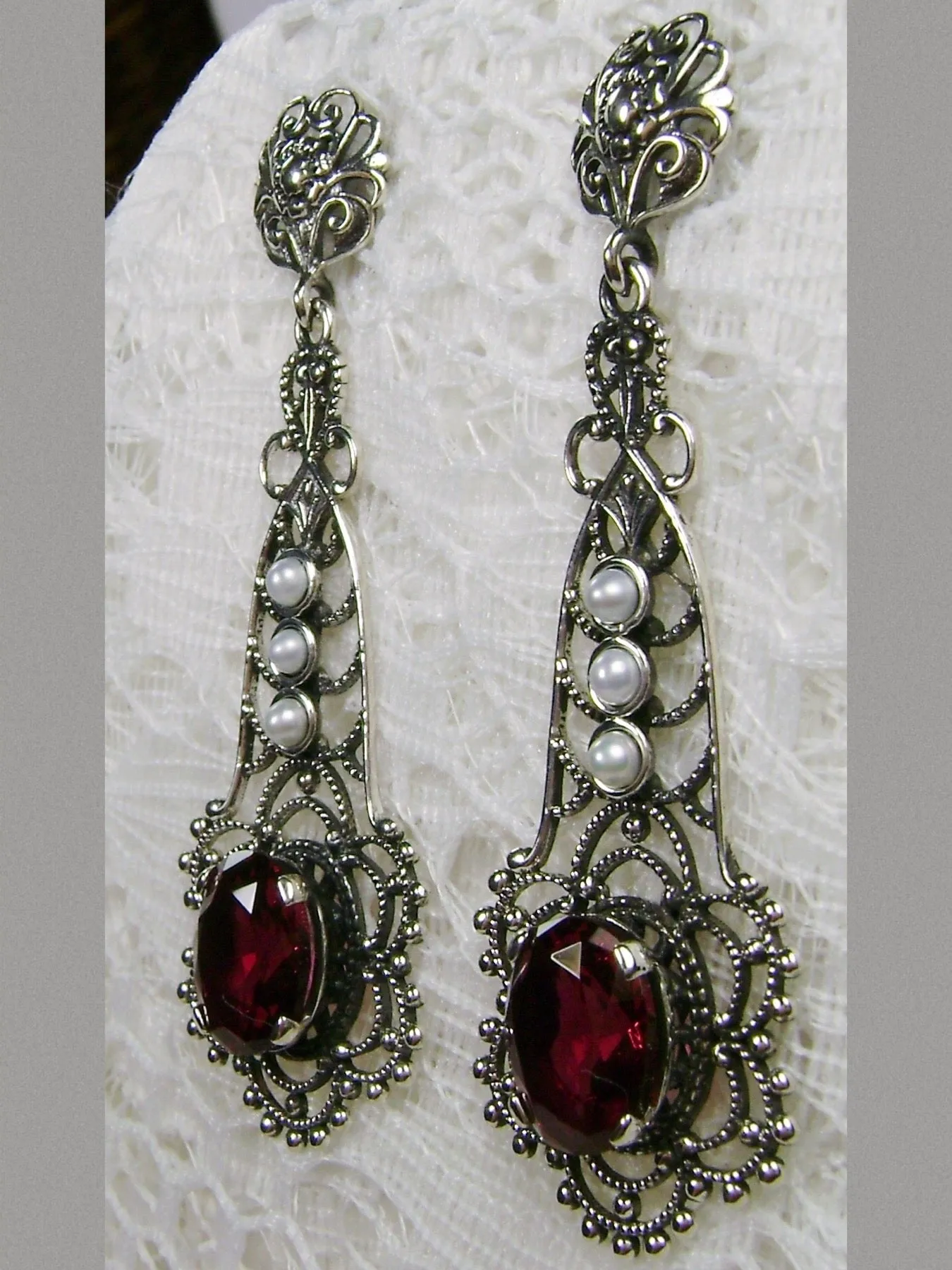 Ruby Earrings, Lavalier Filigree, Pearl accent, Victorian Jewelry, #E17