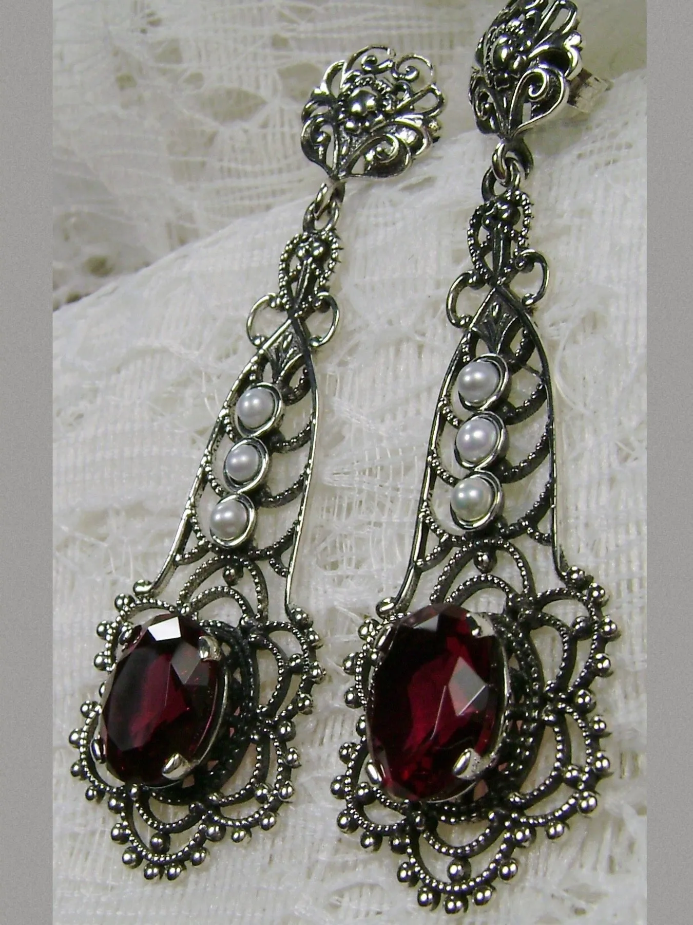 Ruby Earrings, Lavalier Filigree, Pearl accent, Victorian Jewelry, #E17