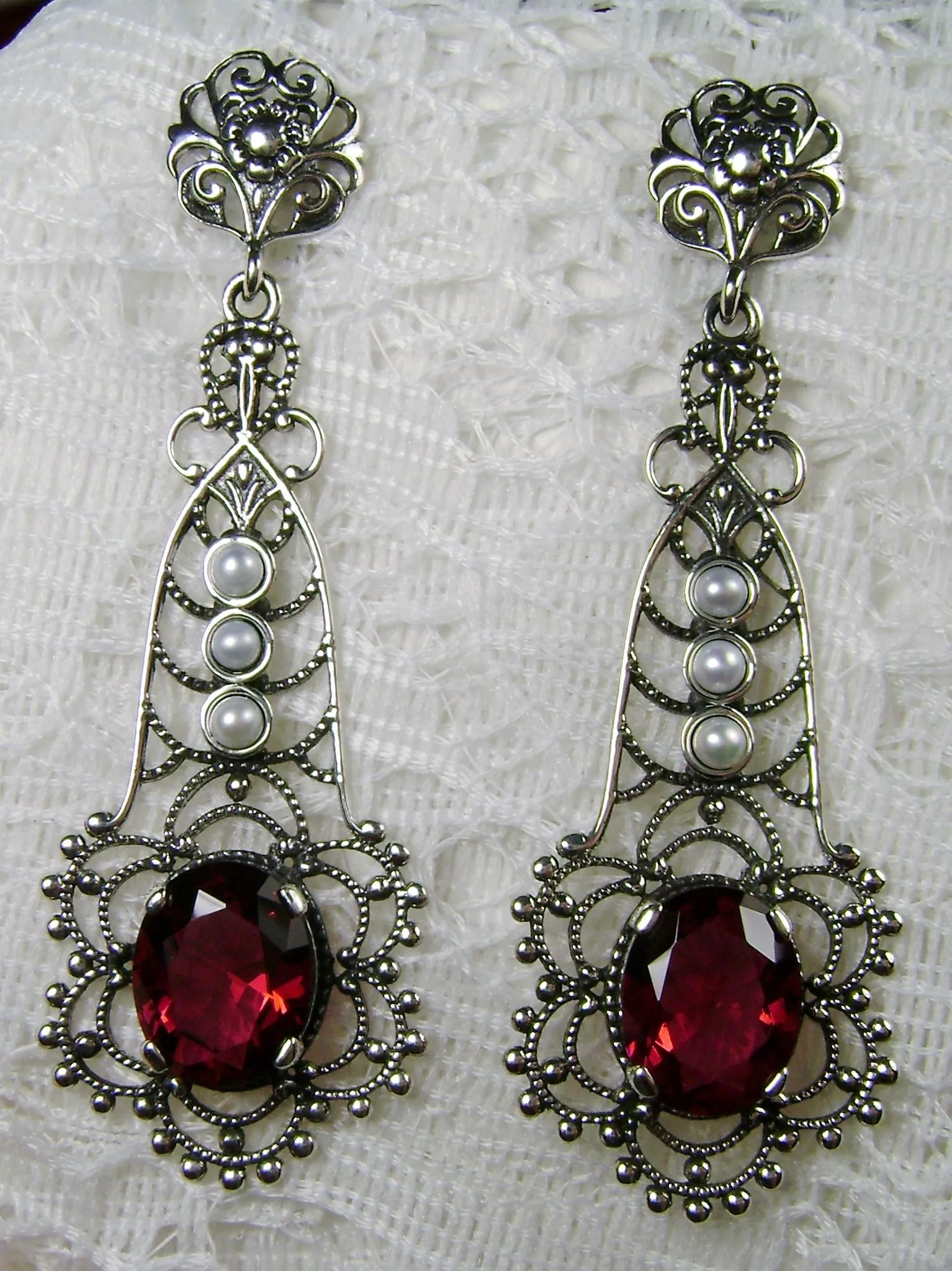 Ruby Earrings, Lavalier Filigree, Pearl accent, Victorian Jewelry, #E17