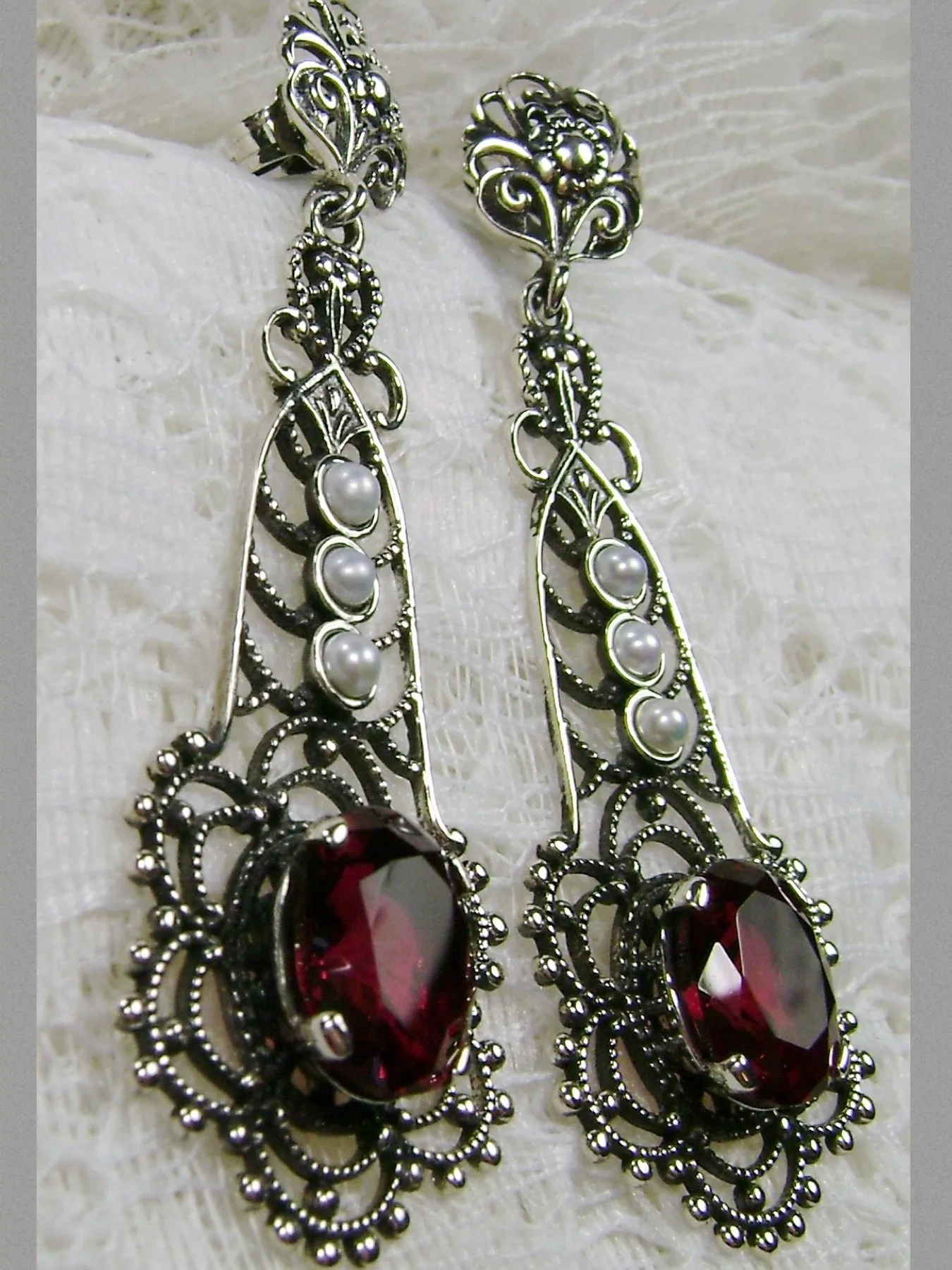 Ruby Earrings, Lavalier Filigree, Pearl accent, Victorian Jewelry, #E17