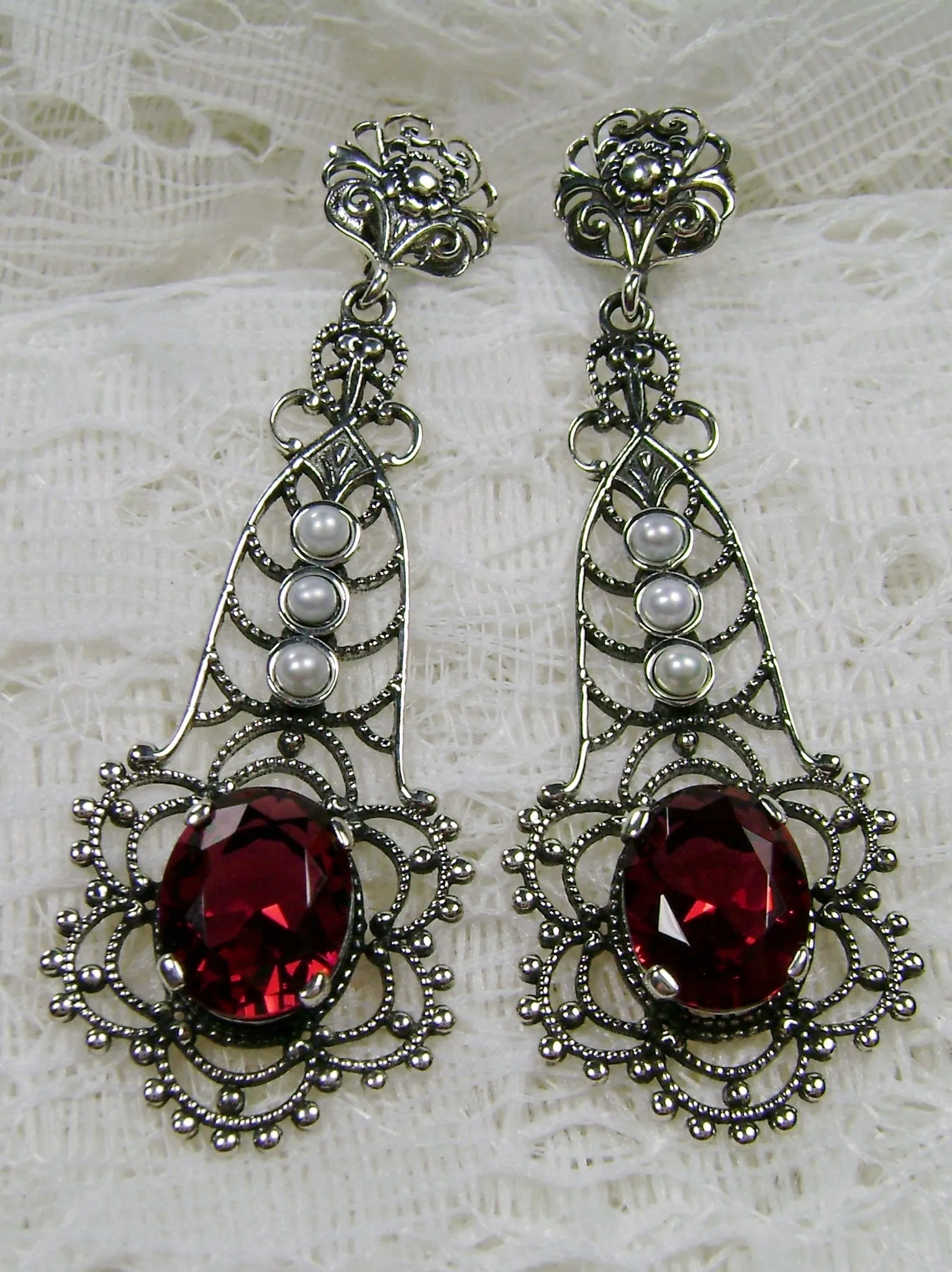 Ruby Earrings, Lavalier Filigree, Pearl accent, Victorian Jewelry, #E17