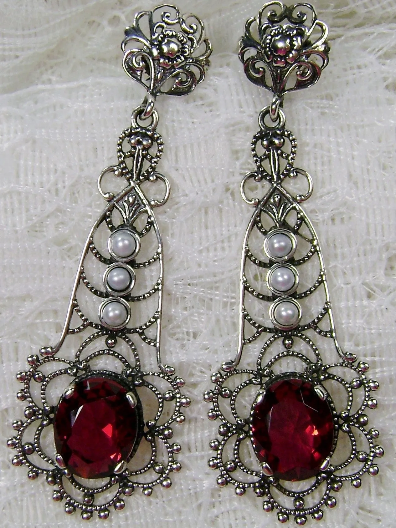 Ruby Earrings, Lavalier Filigree, Pearl accent, Victorian Jewelry, #E17
