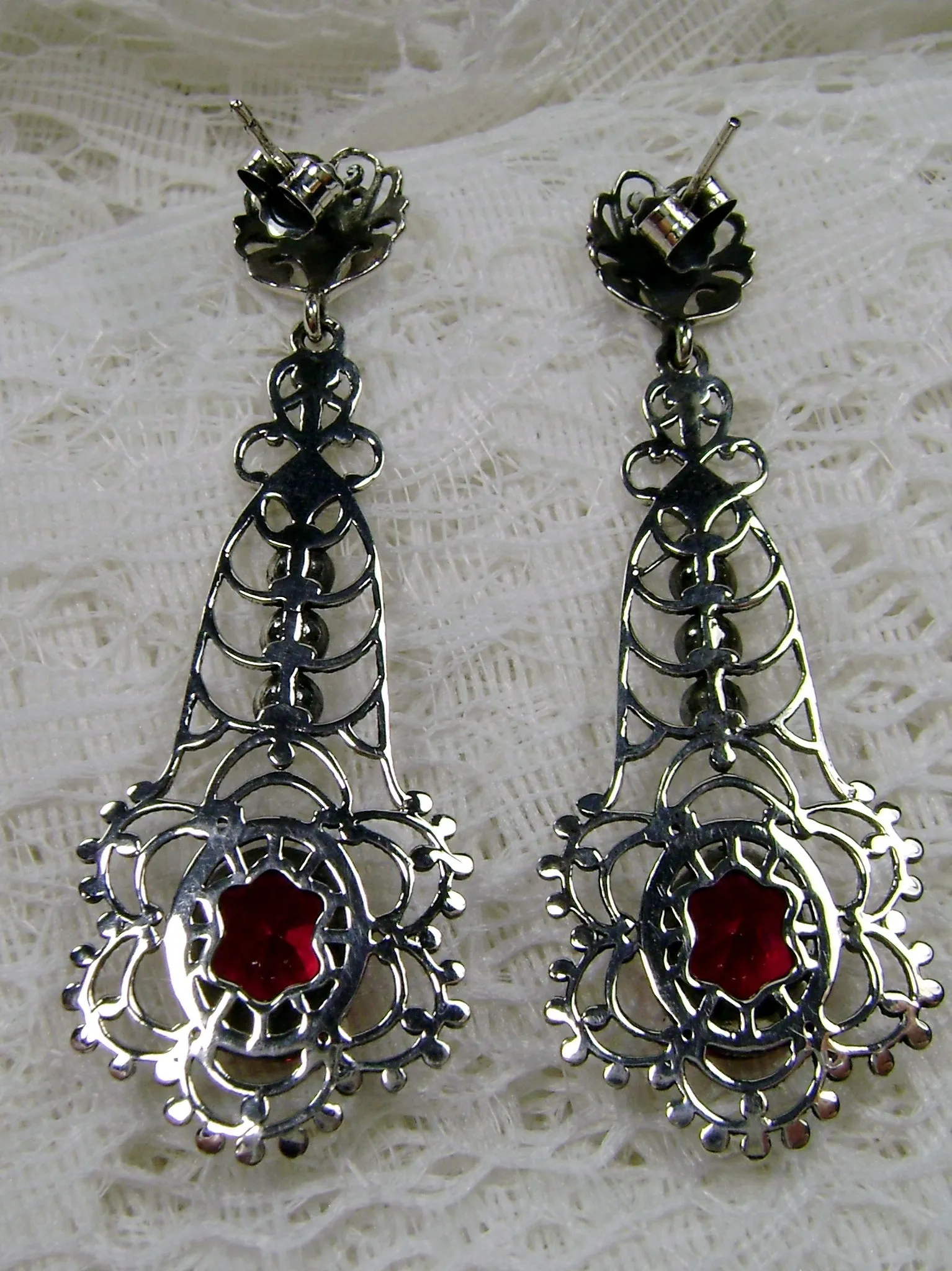 Ruby Earrings, Lavalier Filigree, Pearl accent, Victorian Jewelry, #E17
