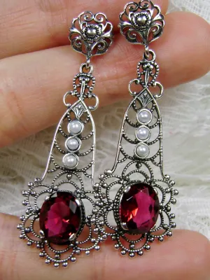 Ruby Earrings, Lavalier Filigree, Pearl accent, Victorian Jewelry, #E17