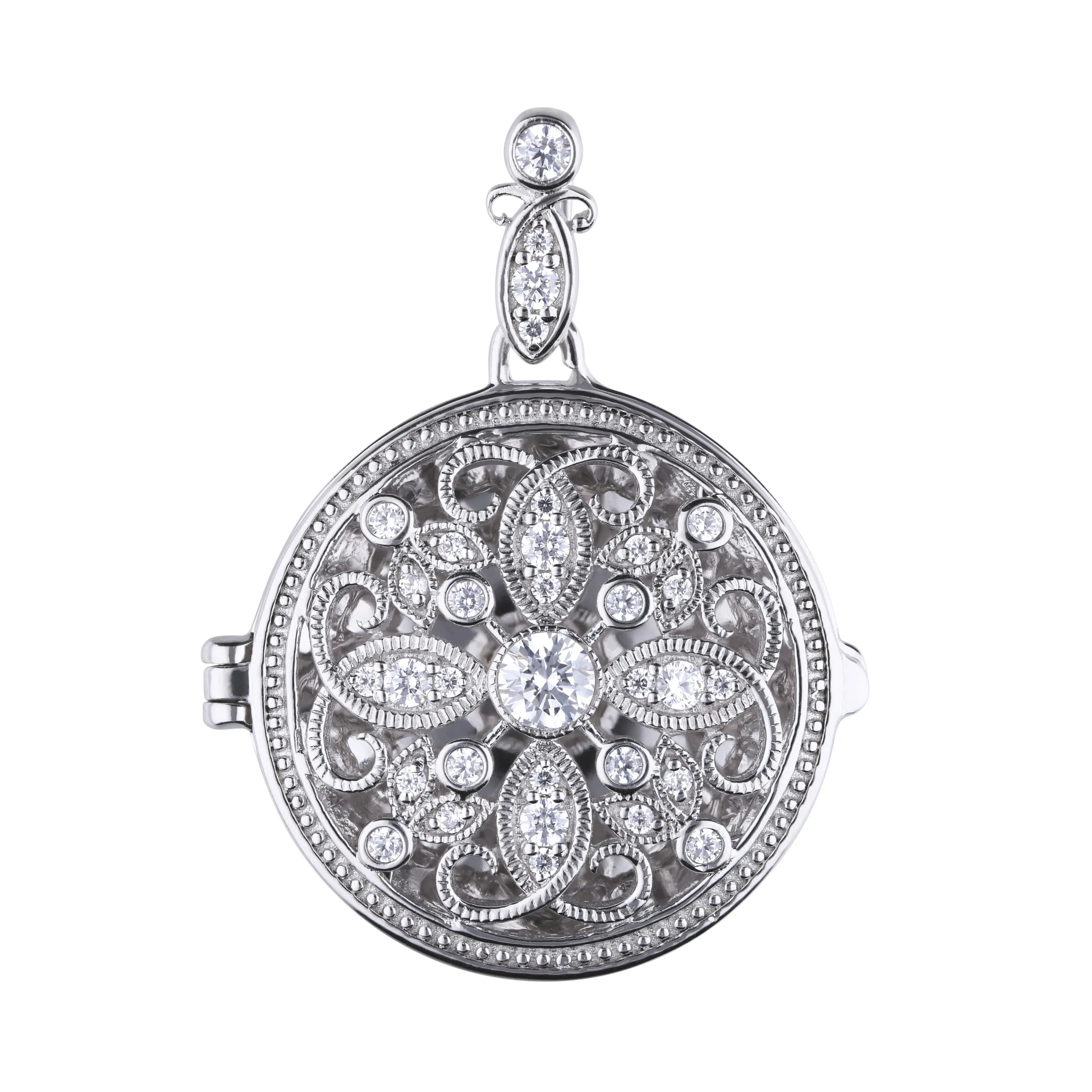 Rundes Medaillon Silber mit weißen Zirkonia, aufklappbar