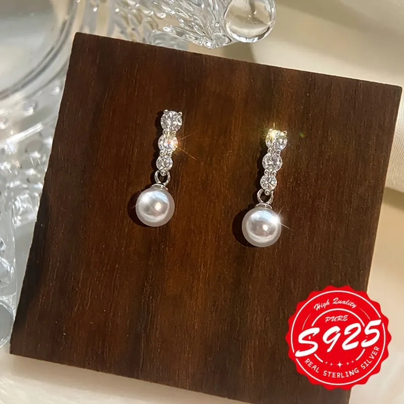 S925 Silvery Women's Round Bead Earrings Retro Light Versatile Daily Wear
