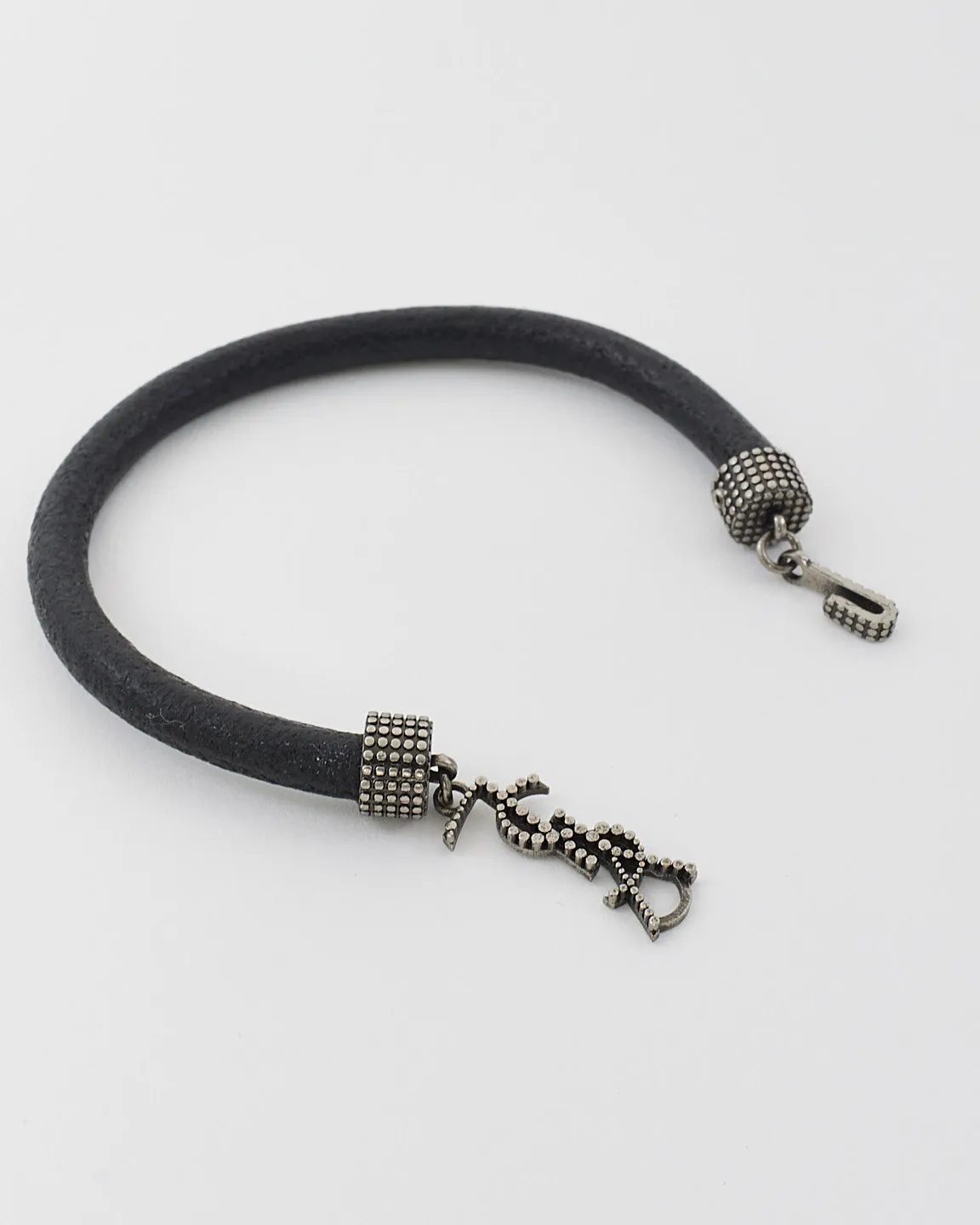 Saint Laurent Black Leather & Metal Logo Bracelet