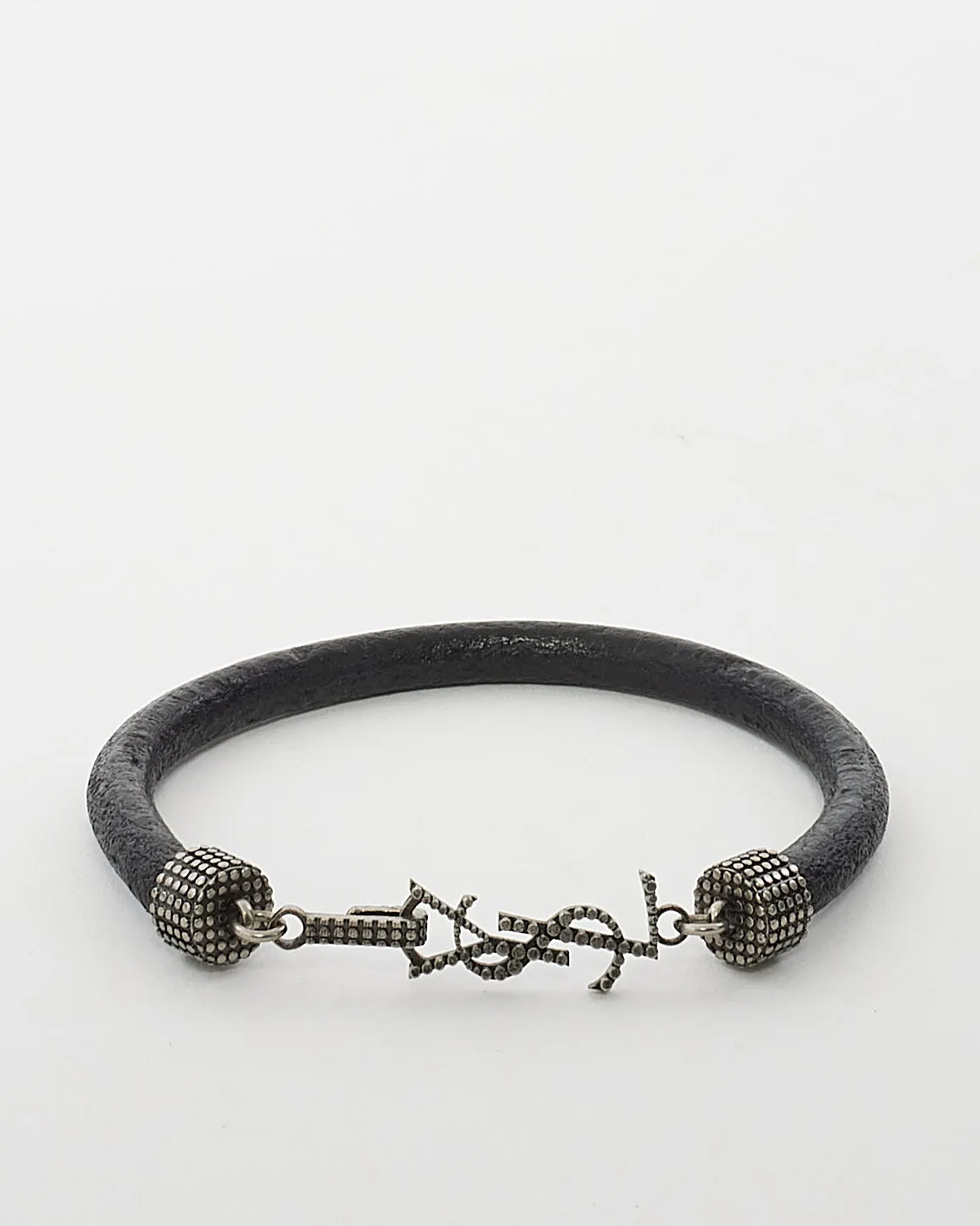 Saint Laurent Black Leather & Metal Logo Bracelet