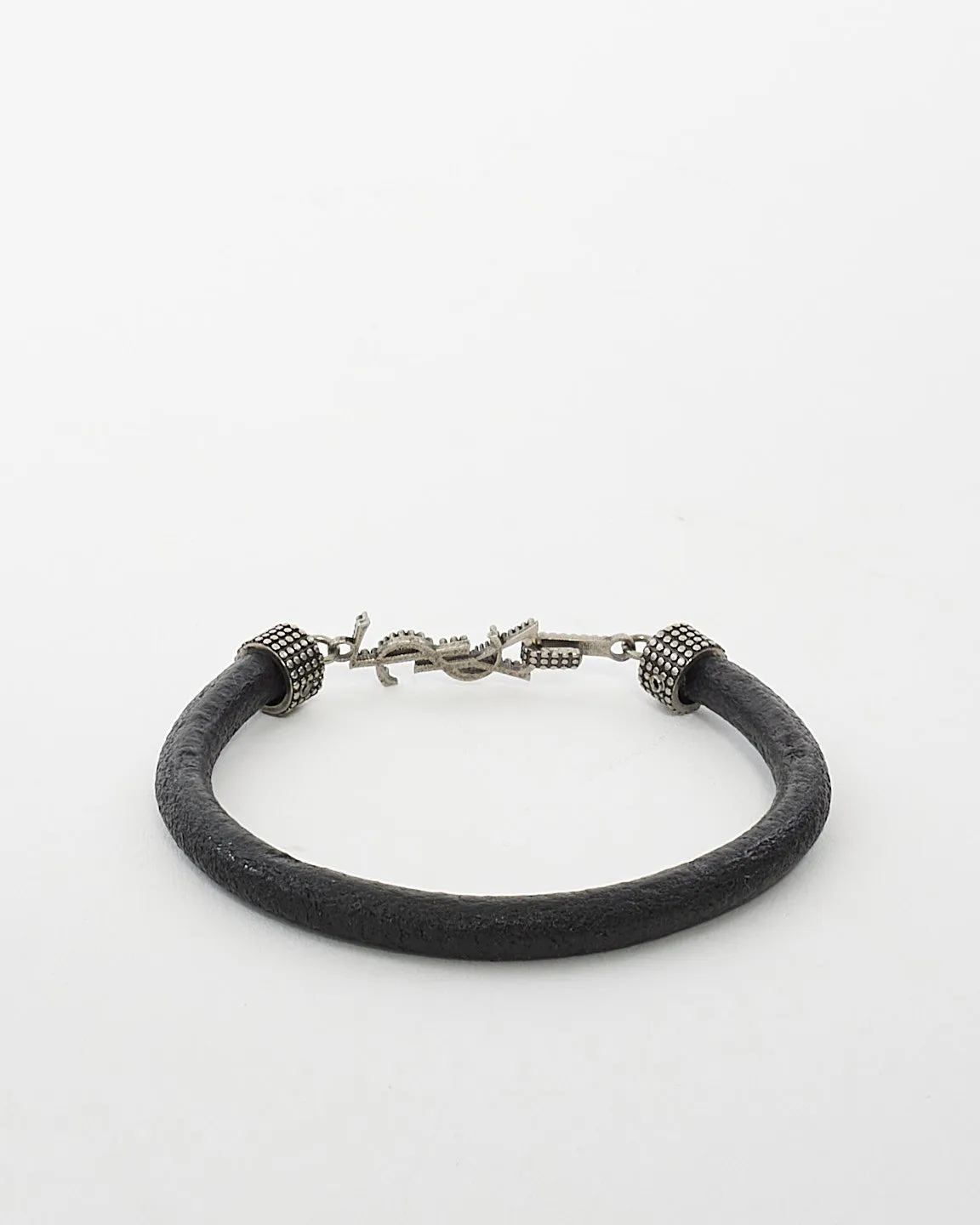 Saint Laurent Black Leather & Metal Logo Bracelet