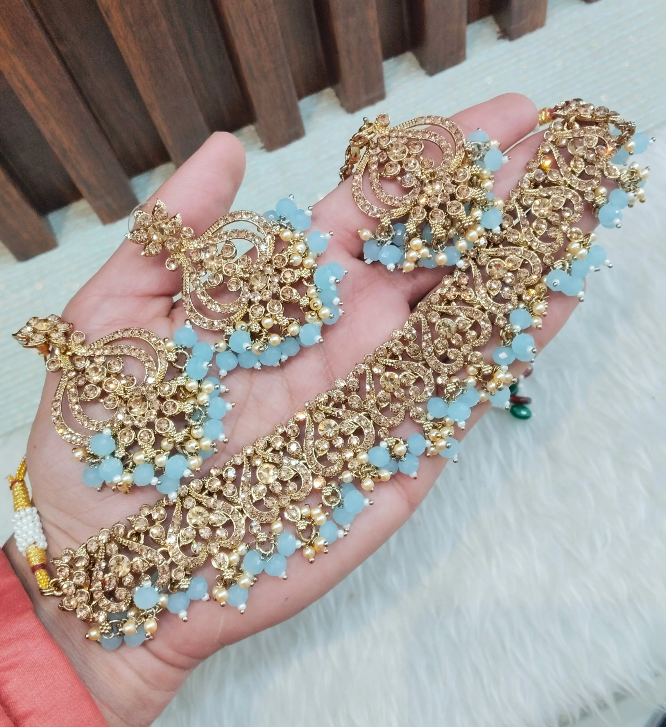 Sea Green Antique Gold Choker Indian Jewellery Ricky Set
