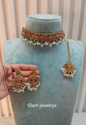 Sea Green Antique Gold Choker Indian Jewellery Ricky Set