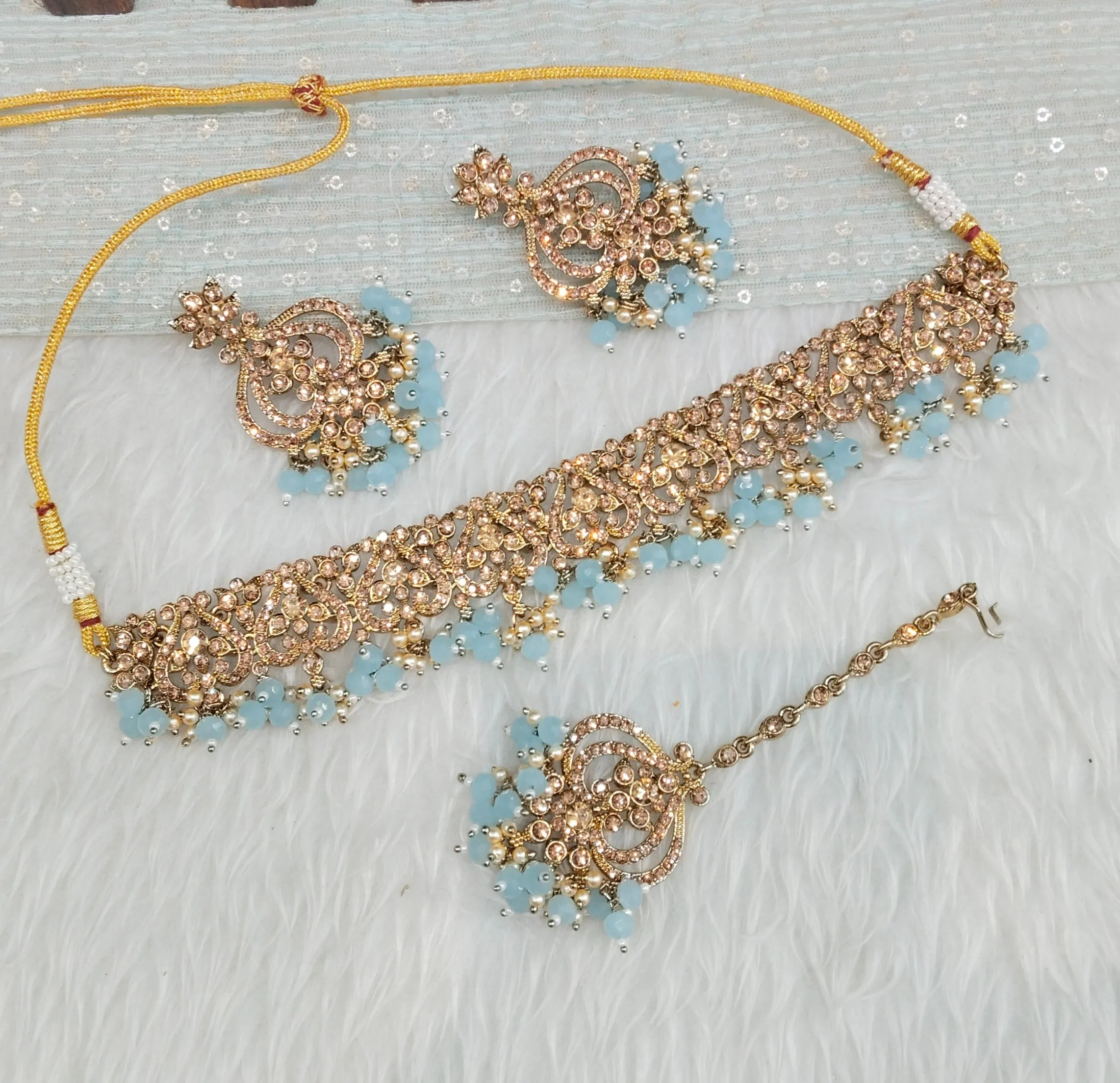 Sea Green Antique Gold Choker Indian Jewellery Ricky Set