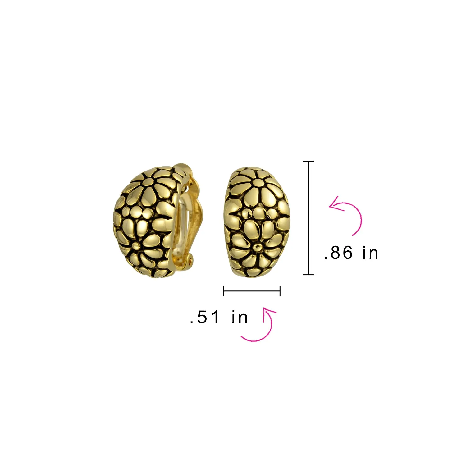 Set of Two Flower Half Hoop Clip-On Earrings Shrimp Style Oxidized Gold Plated