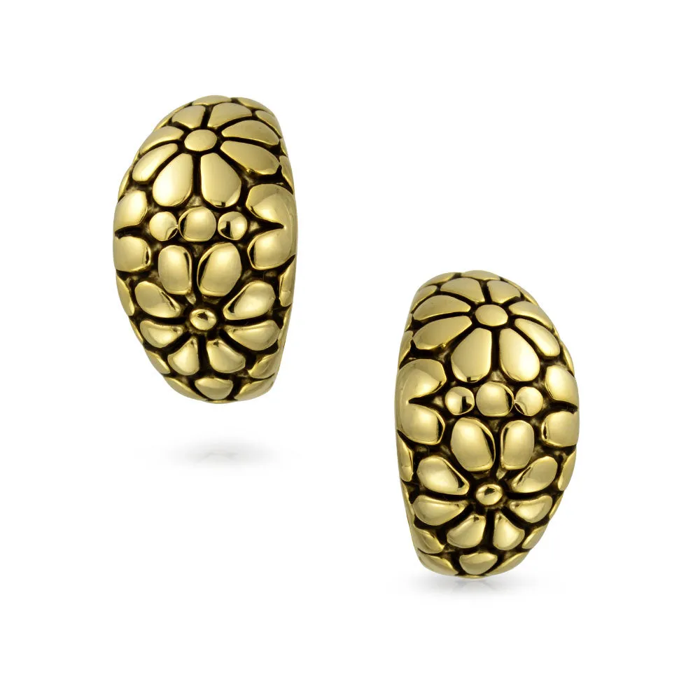 Set of Two Flower Half Hoop Clip-On Earrings Shrimp Style Oxidized Gold Plated