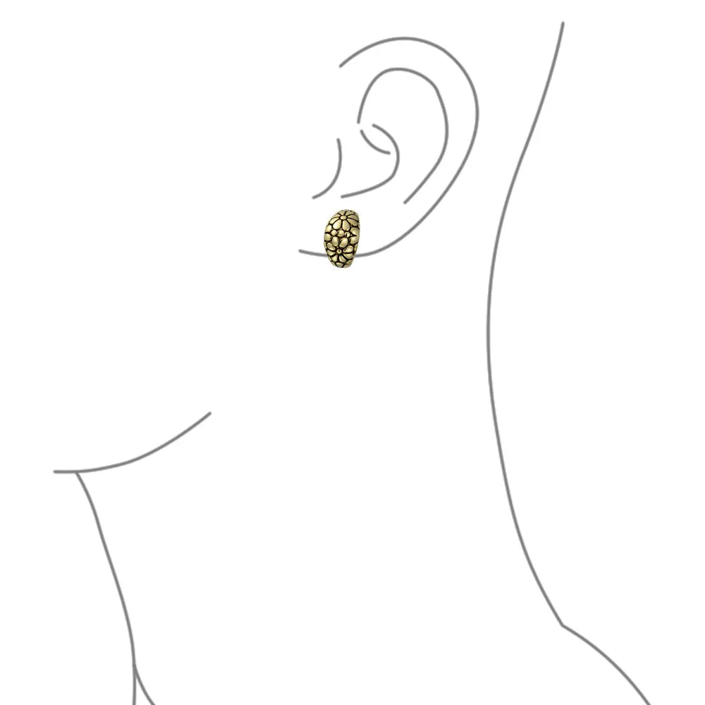 Set of Two Flower Half Hoop Clip-On Earrings Shrimp Style Oxidized Gold Plated