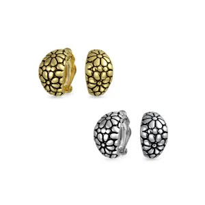 Set of Two Flower Half Hoop Clip-On Earrings Shrimp Style Oxidized Gold Plated