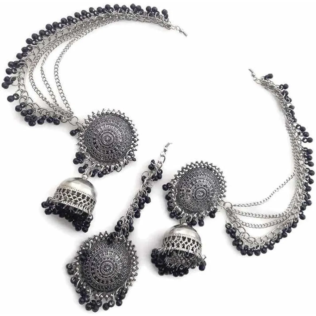 Silver Black Bahubali Chain Jhumka With Maang Tikka