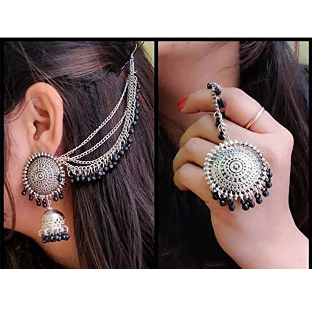 Silver Black Bahubali Chain Jhumka With Maang Tikka
