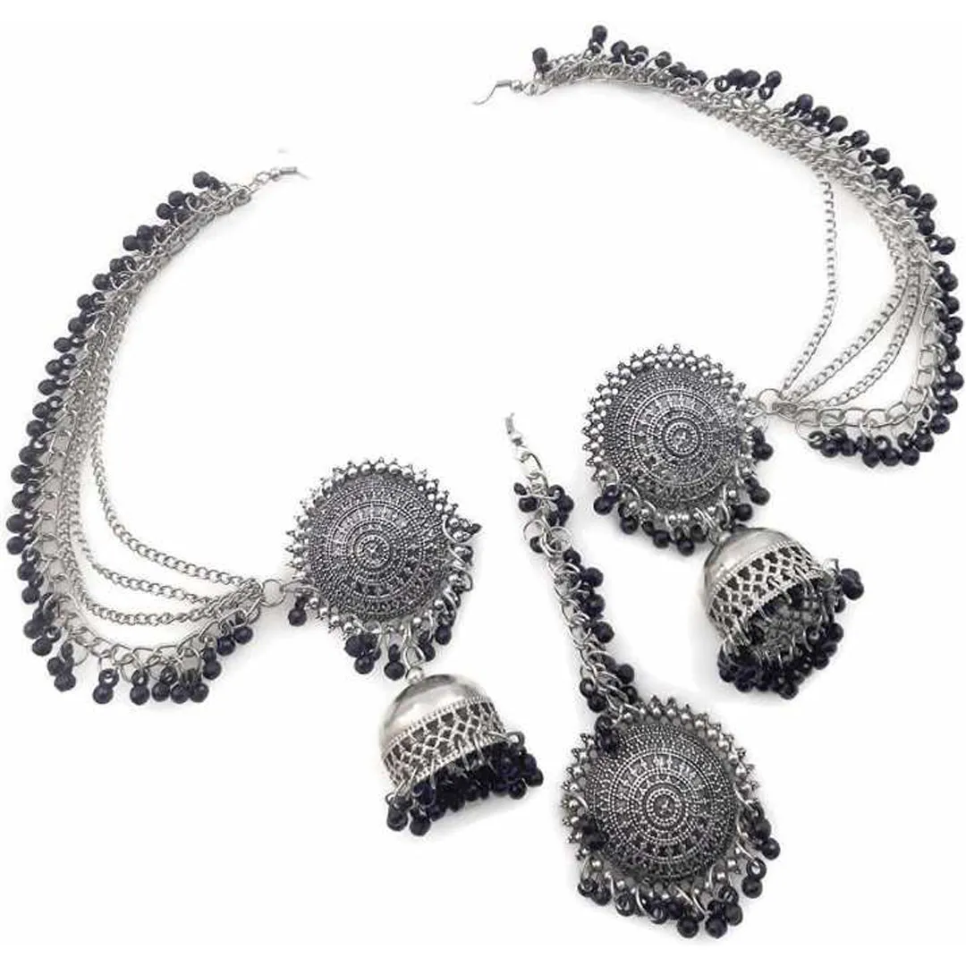 Silver Black Bahubali Chain Jhumka With Maang Tikka
