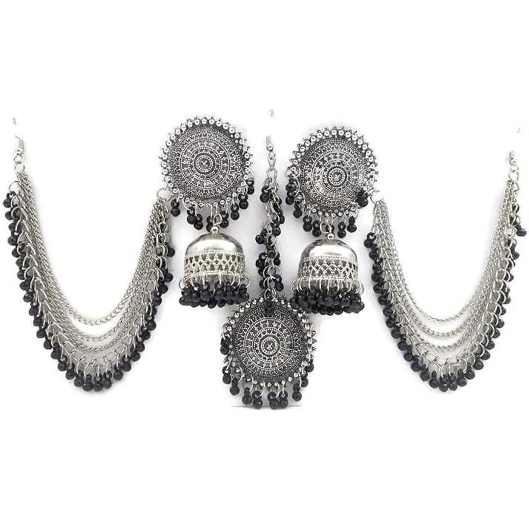 Silver Black Bahubali Chain Jhumka With Maang Tikka