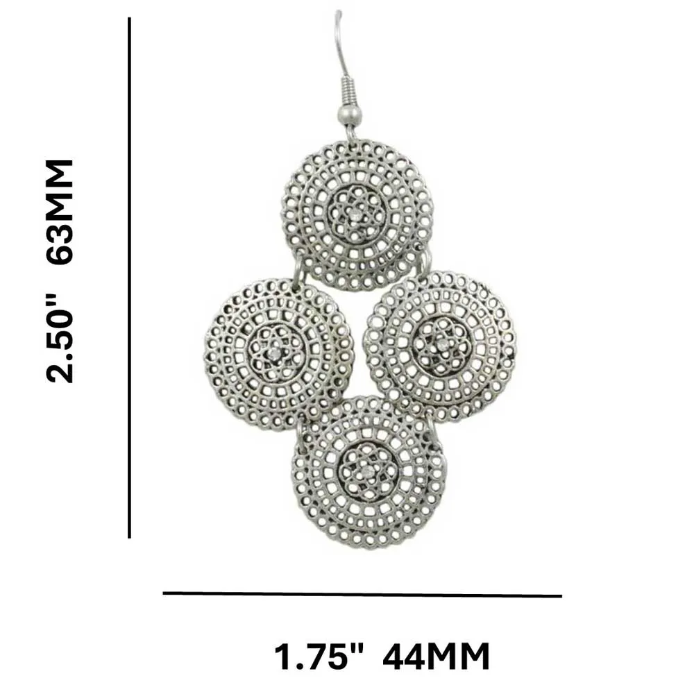 Silver Filigree Discs with Crystals Dangling Pierced Earring - MEC504