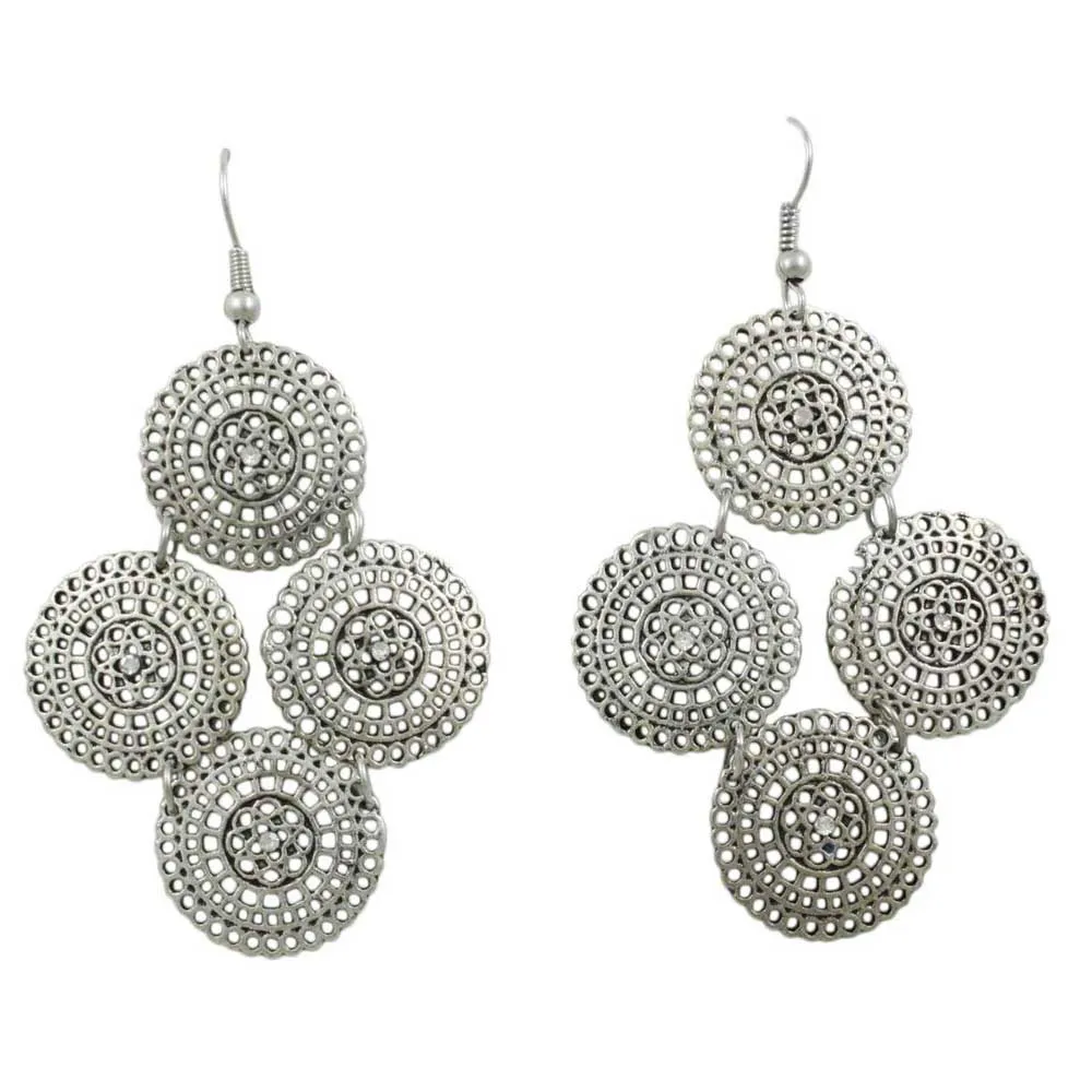 Silver Filigree Discs with Crystals Dangling Pierced Earring - MEC504