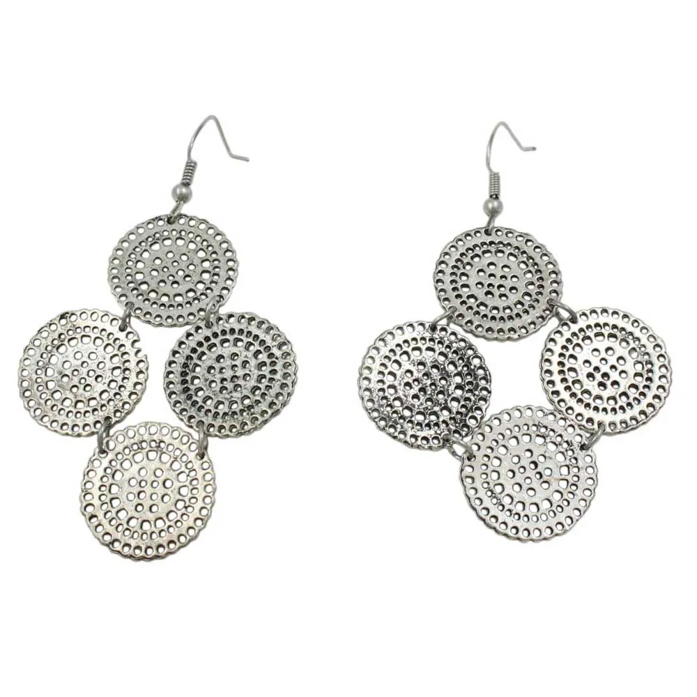 Silver Filigree Discs with Crystals Dangling Pierced Earring - MEC504