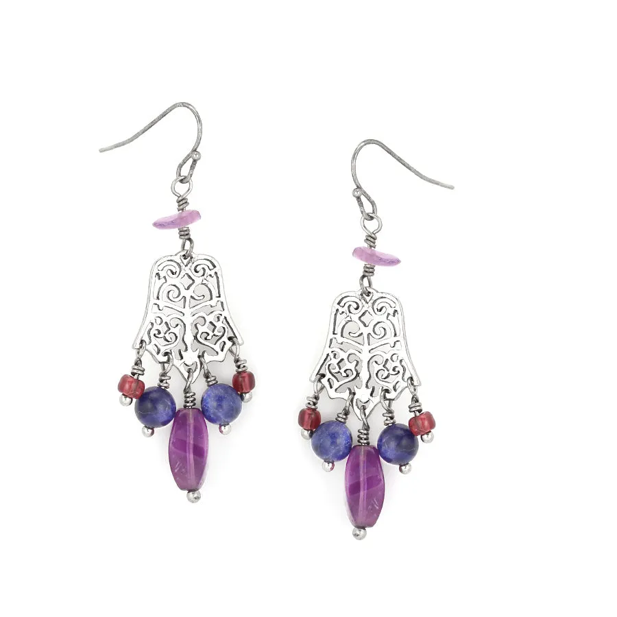 SILVER FILIGREE PURPLE BEADS DROP EARRINGS #153PP3201 (5F2)