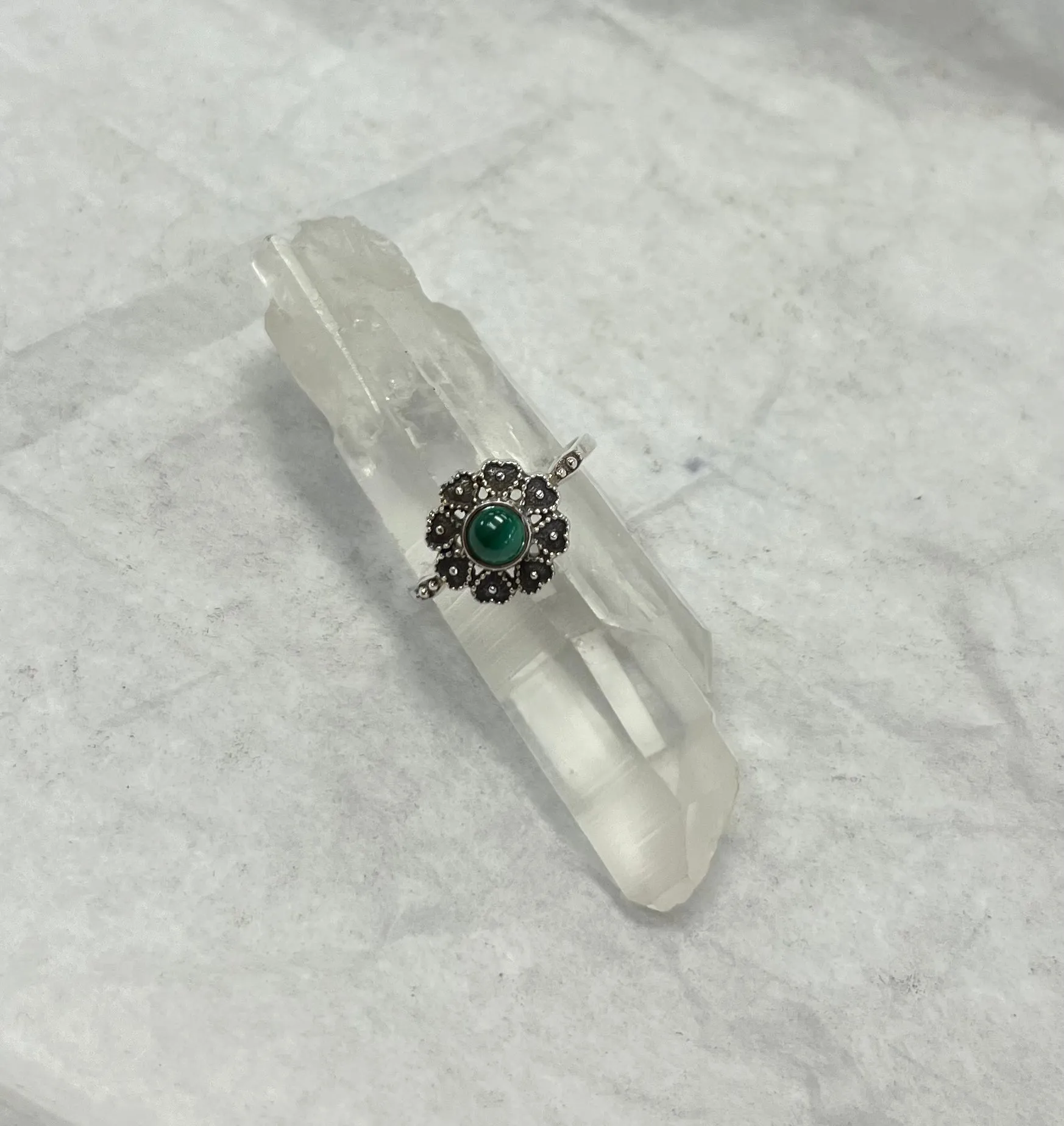 Silver Ring - Heart Shaped Petals with Stone Centre