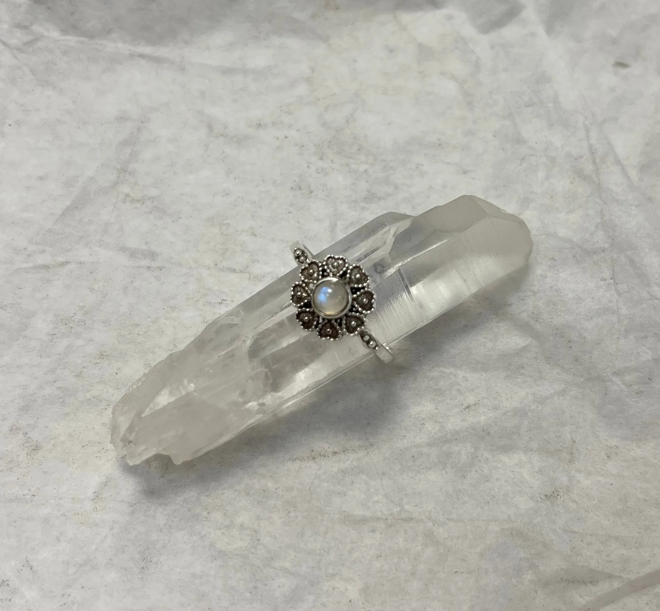 Silver Ring - Heart Shaped Petals with Stone Centre