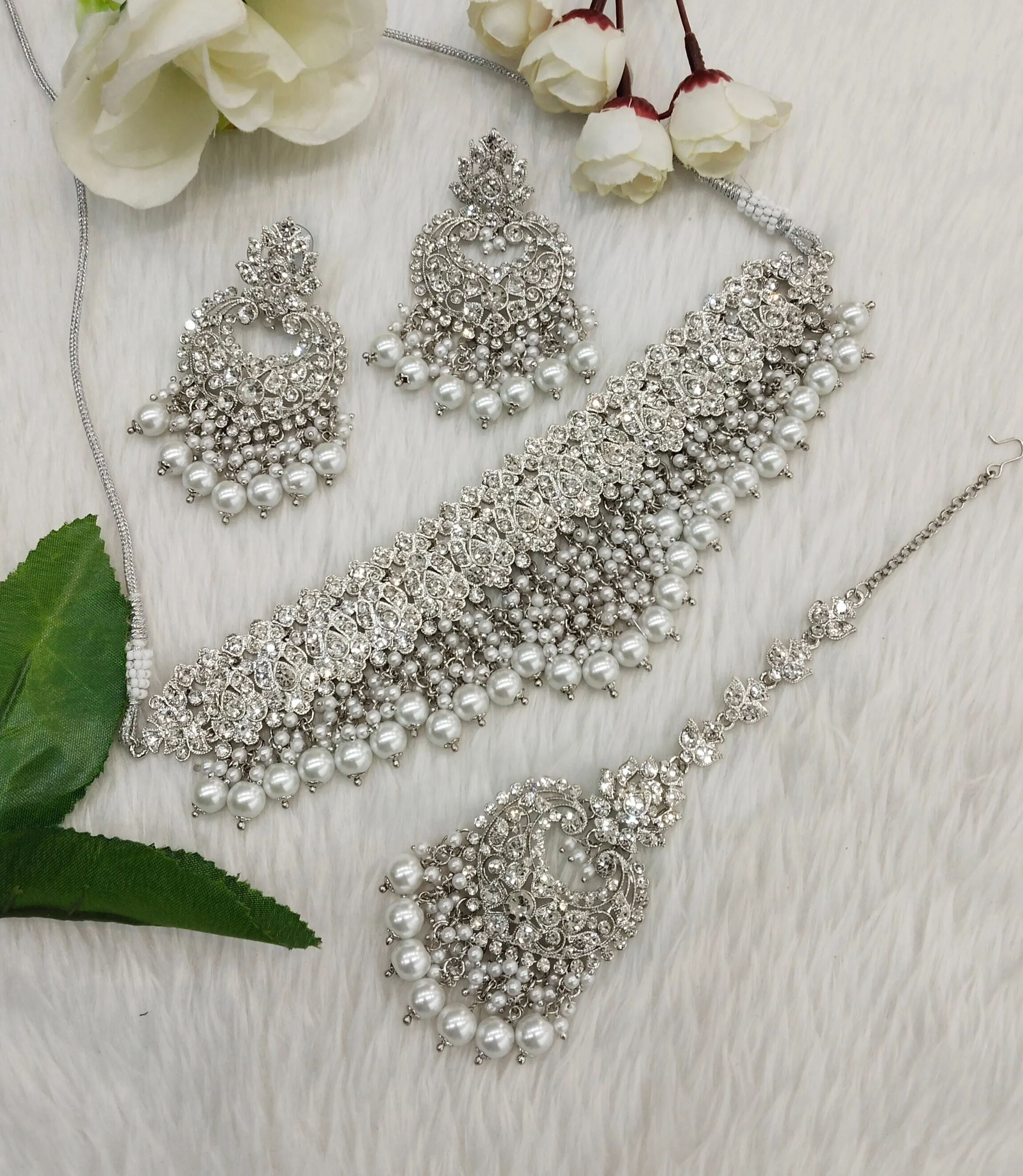 Silver White Choker Indian Jewellery Siki Set