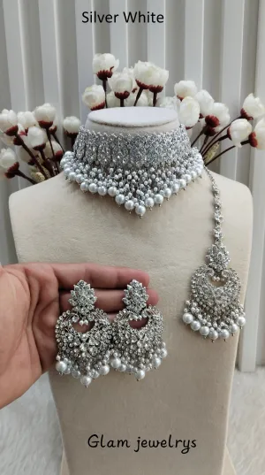 Silver White Choker Indian Jewellery Siki Set